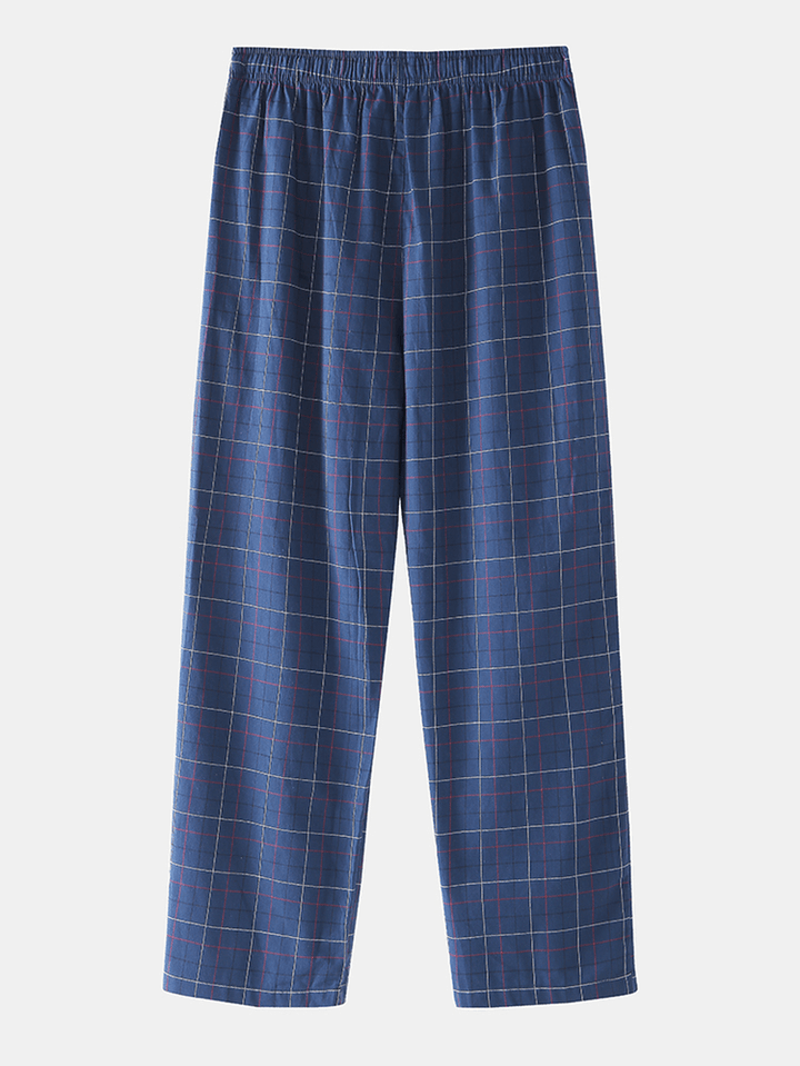 Cotton Mens Simple Plaid Print Pocket Drawstring Home Pajama Pants - MRSLM