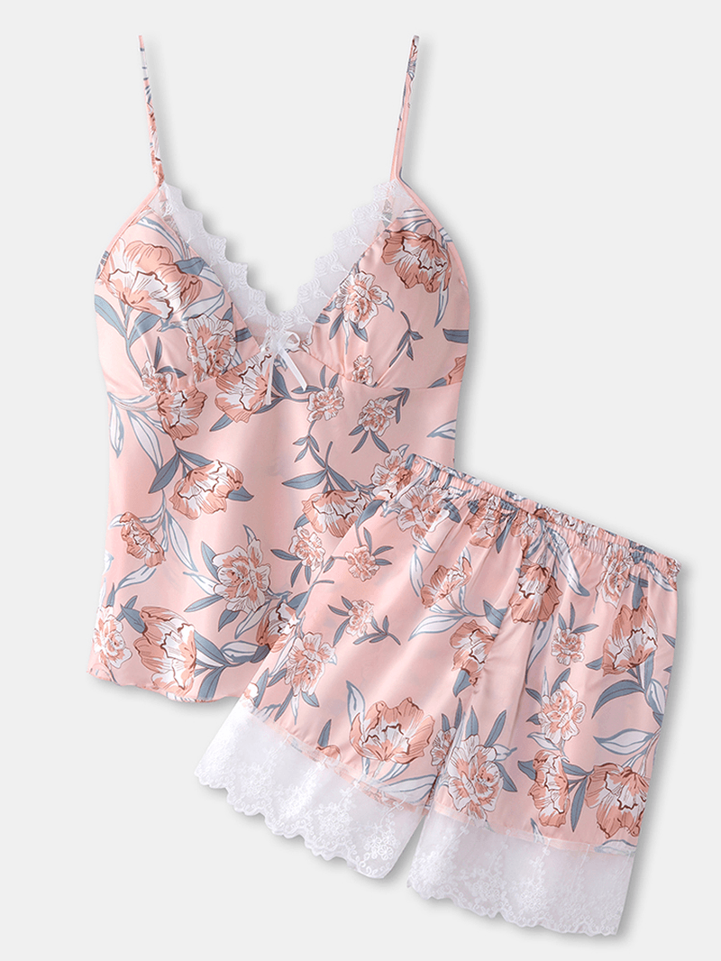 Women Floral Print Lace Trim Home Smooth Vest Pajama Set - MRSLM