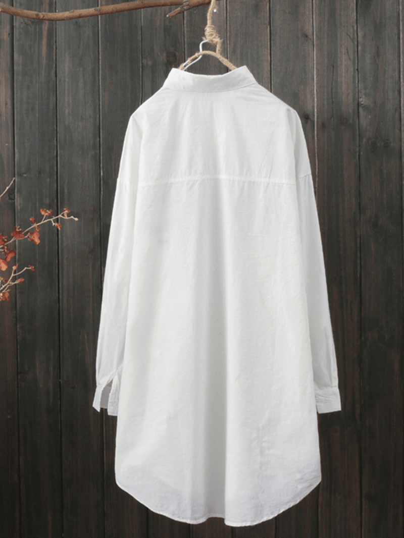 Print Lapel Collar High Low Hem White Long Sleeve Button Casual Shirts for Women - MRSLM