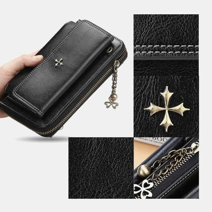 Women PU Leather Cross Flower Tassel Large Capacity Multi-Card Slot Phone Bag Crossbody Bag Shoulder Bag - MRSLM