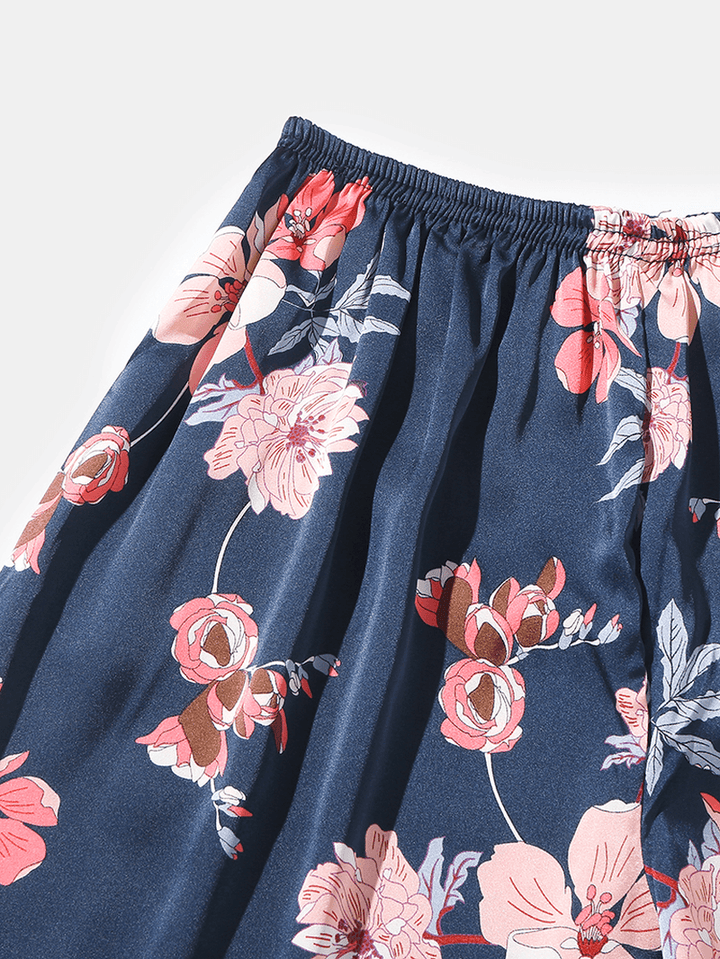 Mens Floral Print Revere Collar Long Sleeve Pajamas Sets with Contrast Binding - MRSLM