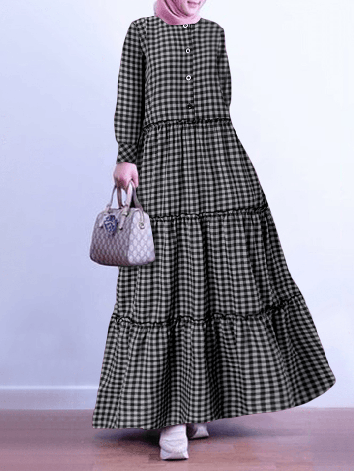 Women Grid Printed Button down Front Kaftan Robe Vintage Layered Maxi Dress - MRSLM
