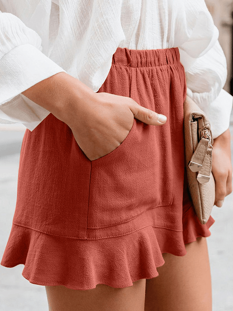 Women Solid Color Elastic High Waist Pocket Shorts - MRSLM