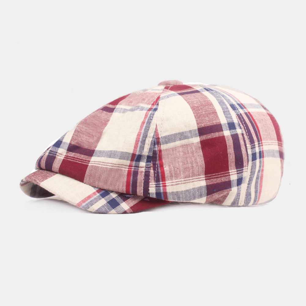 Unisex Cotton Beret Cap Plaid Pattern Casual Retro Sunshade Newsboy Hat Forward Cap Octagonal Hat - MRSLM