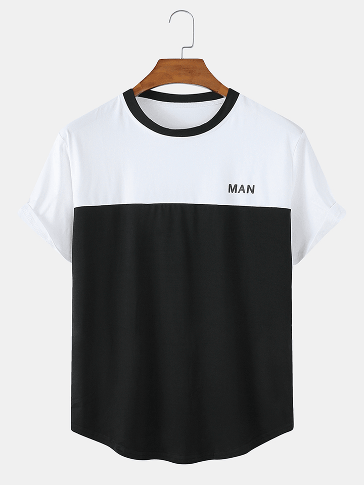 Mens Patchwork Letter Print Breathable round Neck Casual Short Sleeve T-Shirts - MRSLM