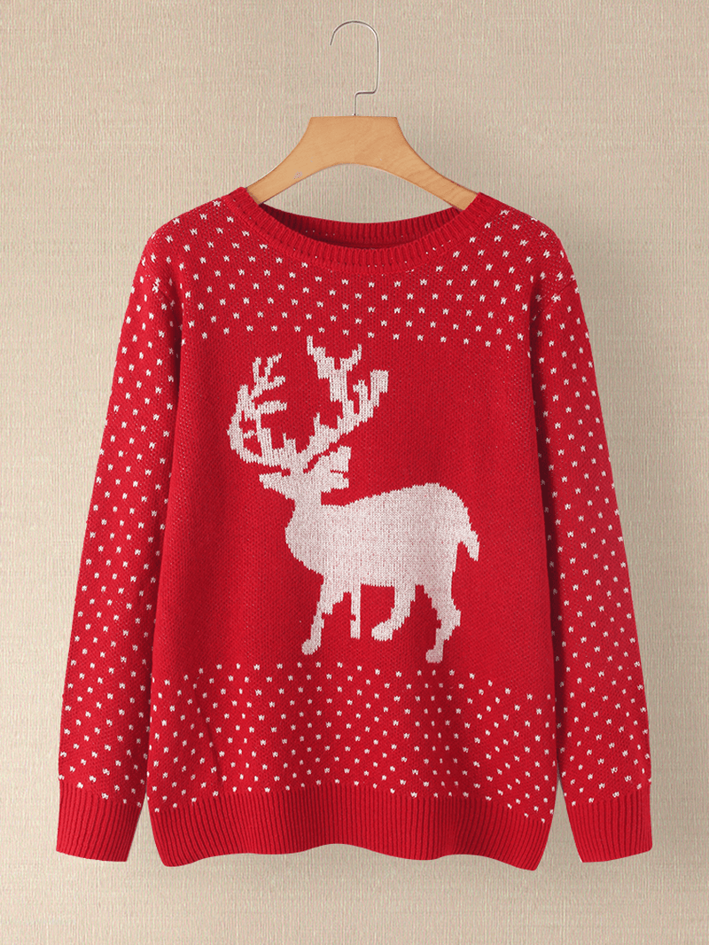 Women Christmas Reindeer Snowflake Pattern O-Nekc Long Sleeve Knitting Sweater - MRSLM