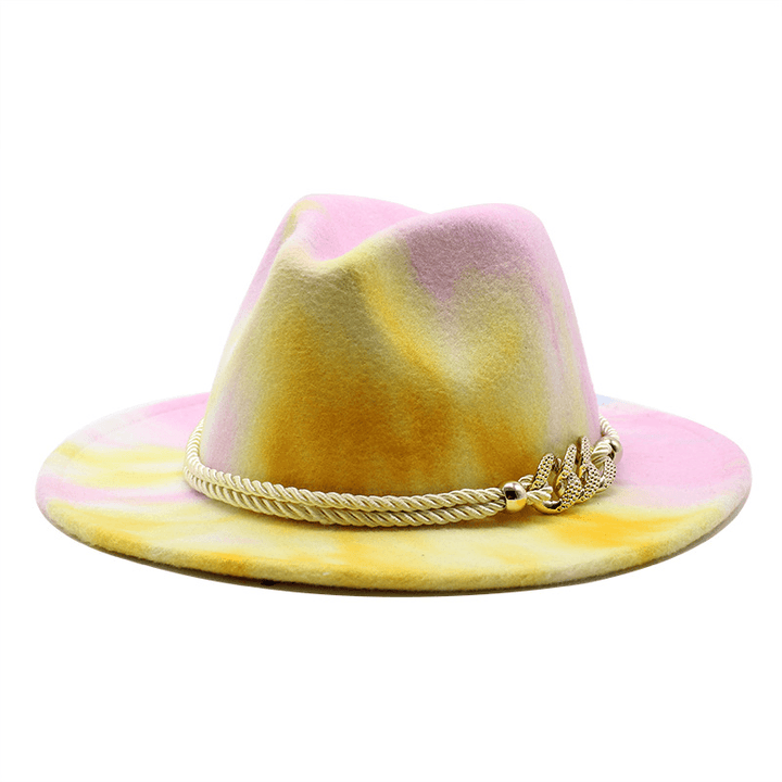 Tie-Dye Pink Woolen Cloth Gift Fashion Flat Brim Jazz Hat Felt Hat - MRSLM