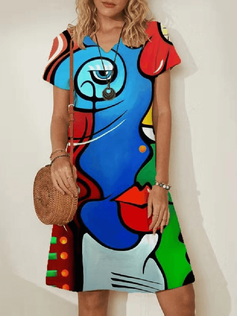 Women Abstract Figure Face Printed V-Neck Short Sleeve Casual Midi Dresses - MRSLM