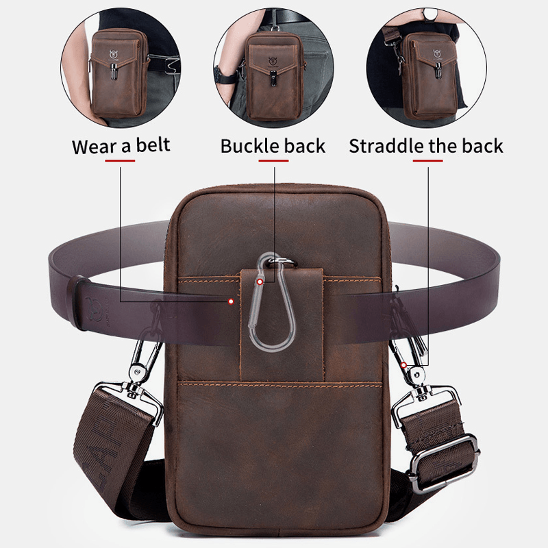 Men Genuine Leather Large Capacity Vintage 6.5 Inch Phone Bag Waist Bag Shoulder Bag Crossbody Bag - MRSLM