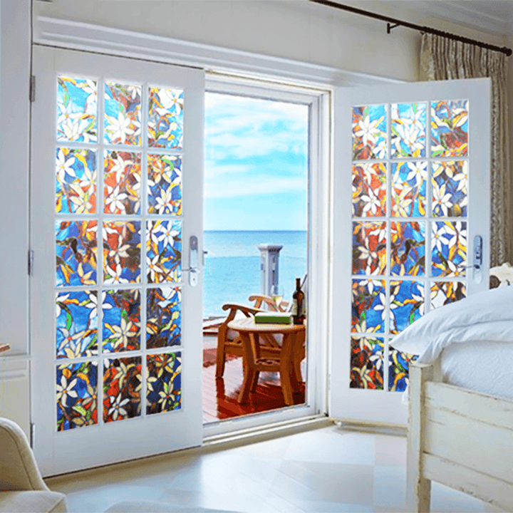 78X18In Window Film Colored Flowers Glass Sticker Bathroom Privacy Home Decoration - MRSLM