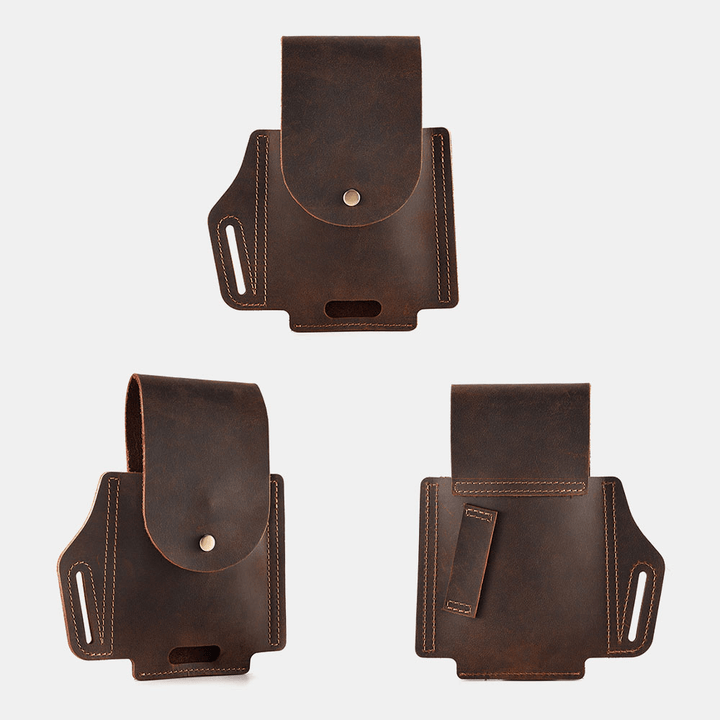 Men Genuine Leather Wear-Resistant Outdoor Sport 6.5 Inch Phone Bag Retro Cover Hasp Waist Bag Belt Bag - MRSLM