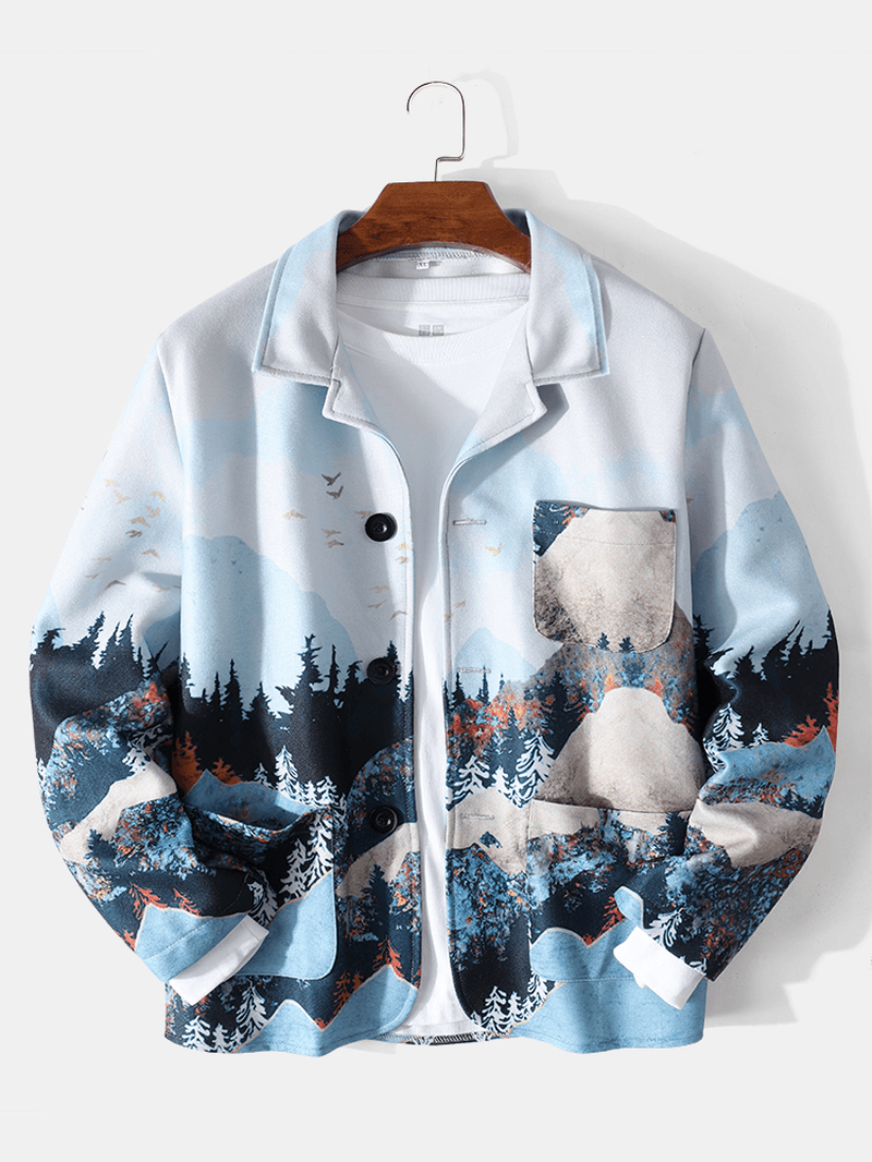 Mens Design Landscape Print Single-Breasted Casual Jacket - MRSLM