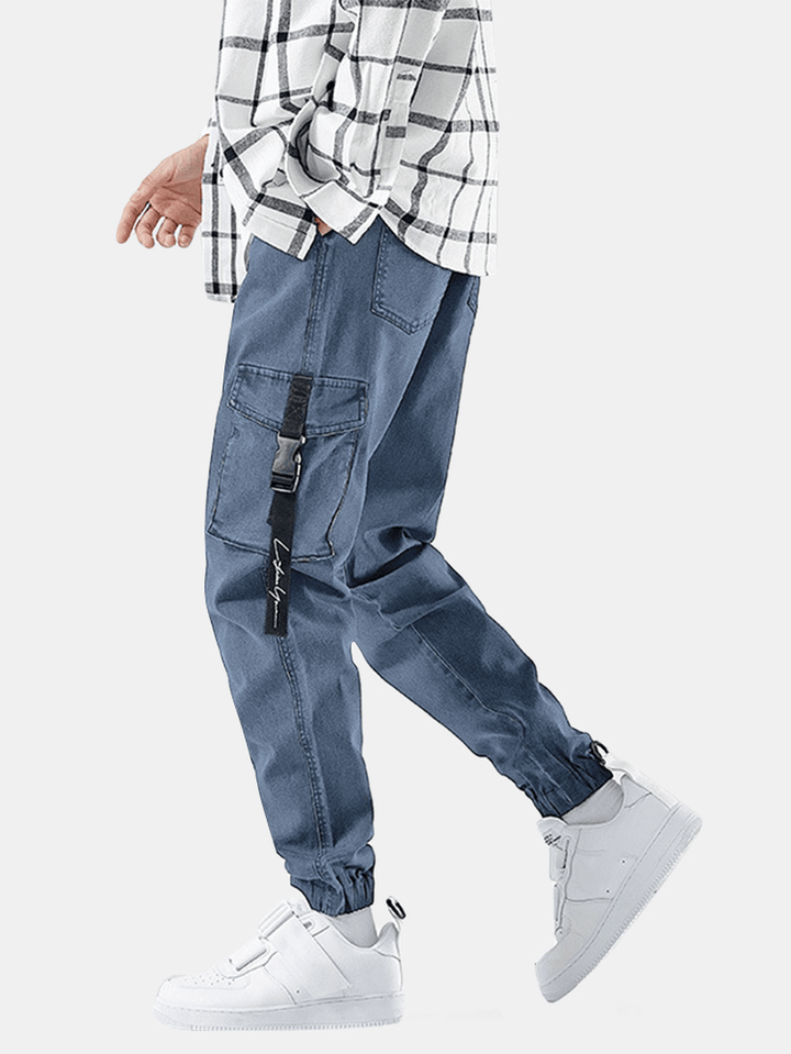 Mens Multi-Pocket Casual Elastic Cuffs Drawstring Beam Feet Pants Jeans - MRSLM