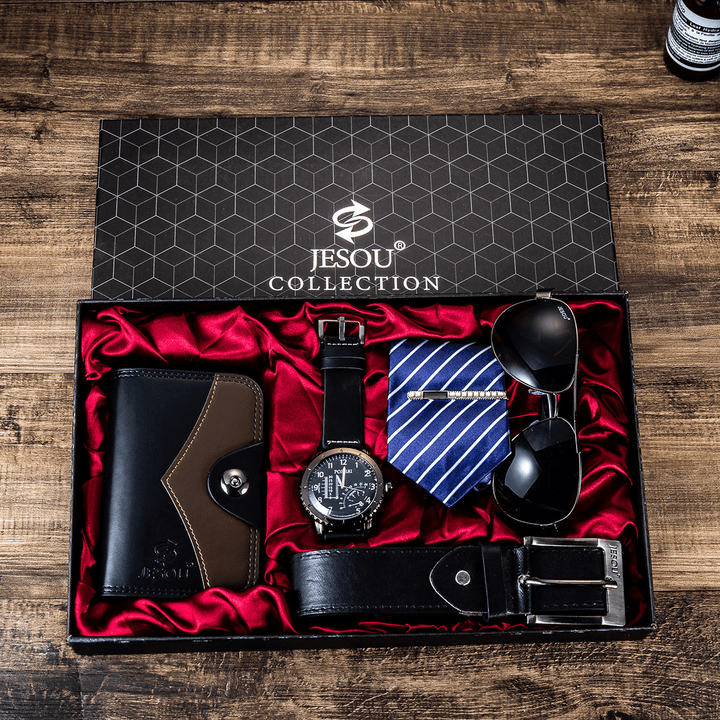 5 Pcs / Set Business Gift Kit Chronograph Men Quartz Watch Wristwatch Belt Wallet Glasses Tie - MRSLM