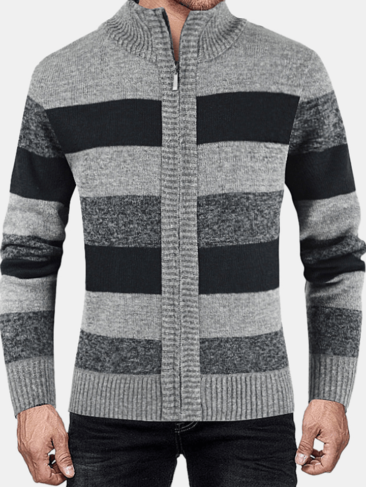 Mens Striped Graphics Knitting Zipper Warm Long Sleeve Sweater Jacket - MRSLM