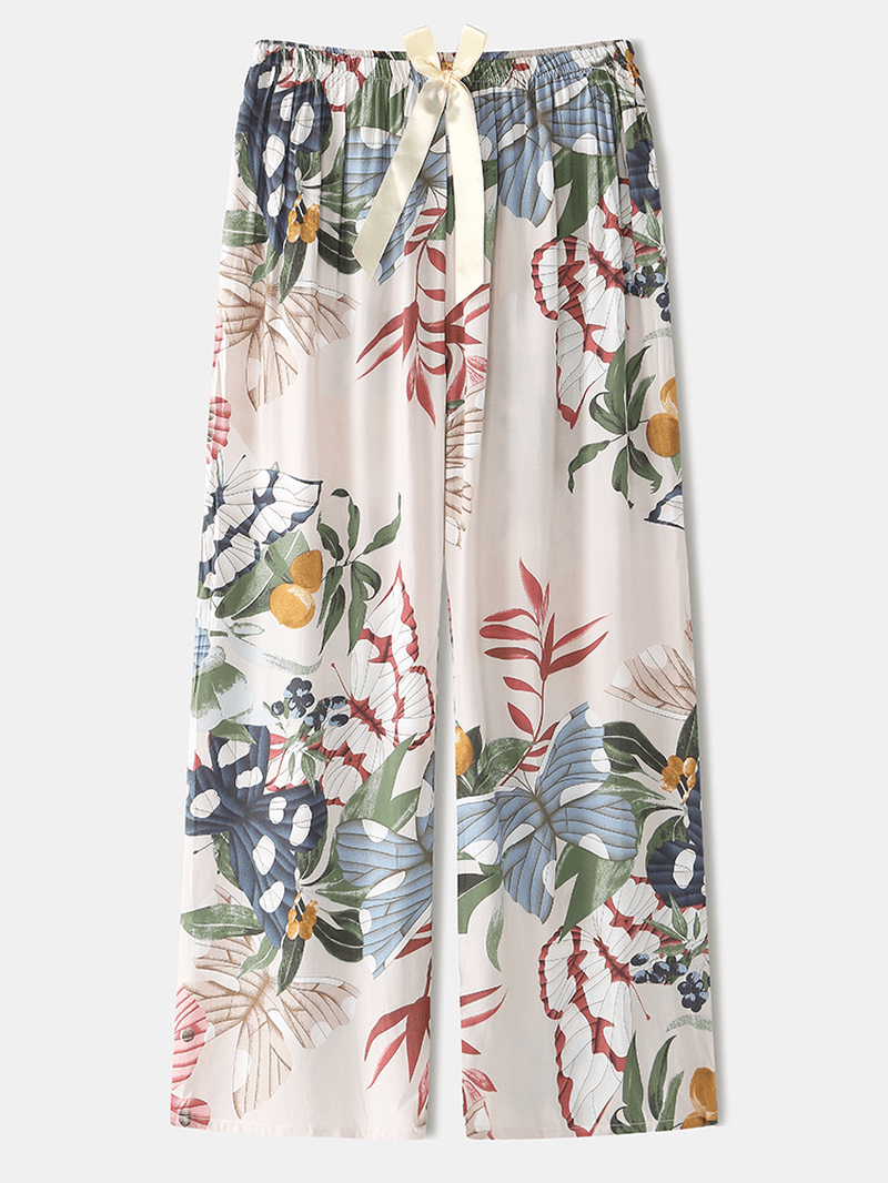 Women Butterfly & Floral Print V-Neck Bow Comfy Long Pajamas Sets Loungewear - MRSLM