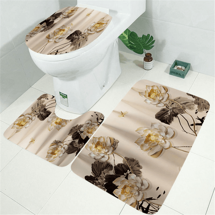 Printing Plum Blossom Shower Curtain Set Waterproof Odorless Anti-Slip Bath Mat Set - MRSLM