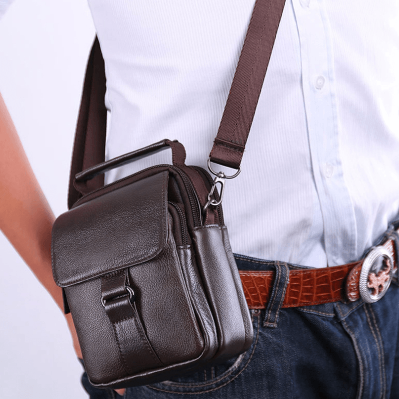 Men Genuine Leather Retro Multi-Pocket Handbag Casual Waist Bag Cross Body Bag - MRSLM