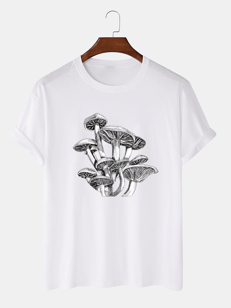 Mens Mushroom Sketches Print 100% Cotton O-Neck Short Sleeve T-Shirt - MRSLM