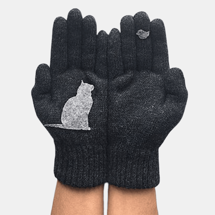 Women'S Wool Gloves Autumn Winter Outdoor Warm Cold Padded Cat Bird Print Glove - MRSLM