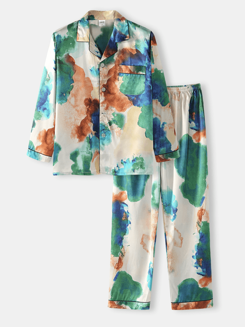Mens Multi Color Tie-Dye Home Revere Collar Long Sleeve Pajama Set - MRSLM