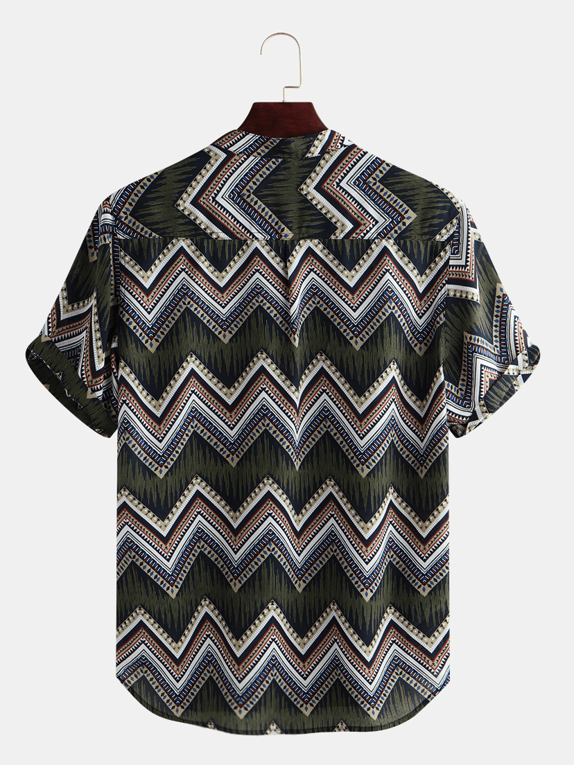 Mens Ethnic Chevron Printed Short Sleeve Casual Loose Henley Shirts Shirts - MRSLM