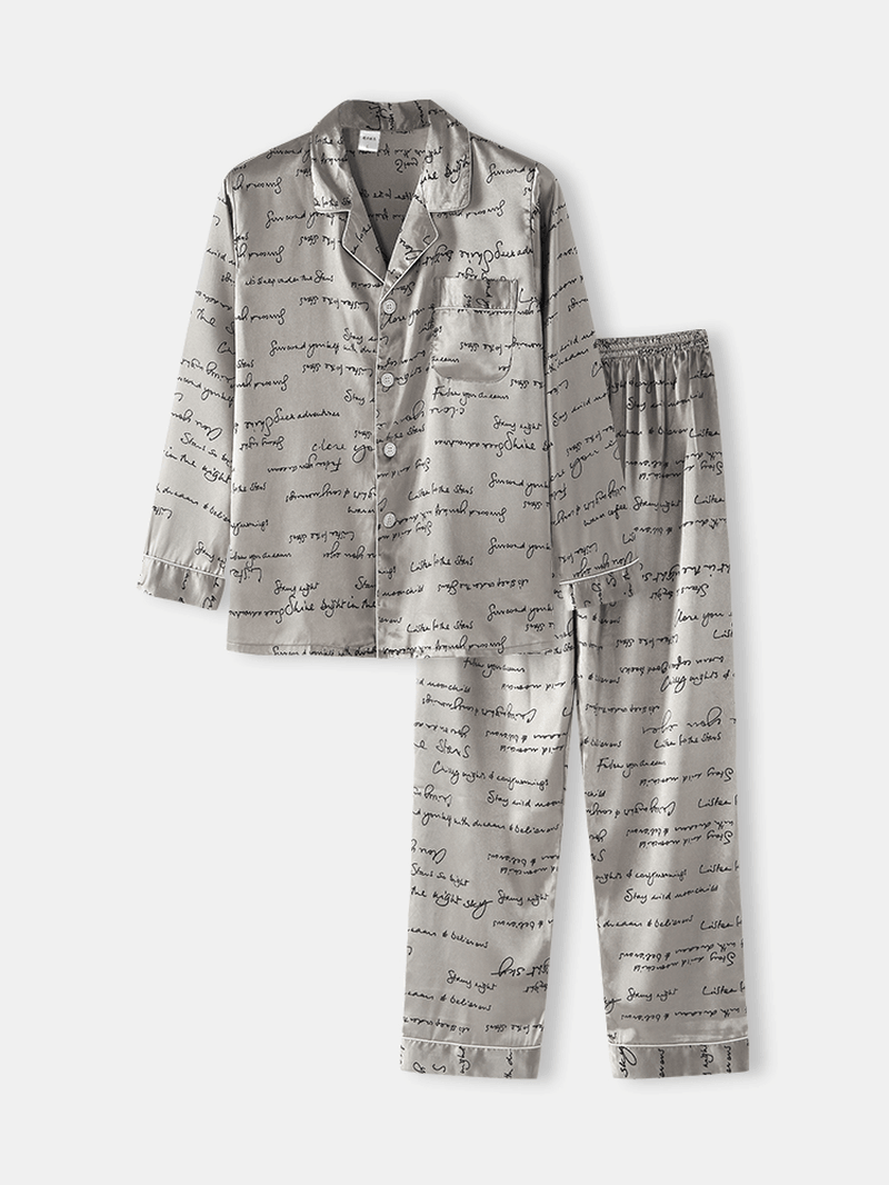 Mens Allover Slogan Print Flap Pocket Faux Silk Home Long Sleeve Lounge Pajama - MRSLM