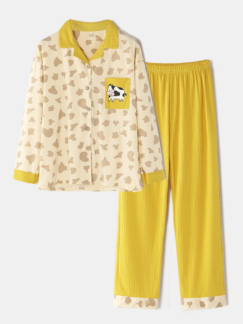 Women Cotton Cow Pattern Camp Collar Elastic Waist Rib Pants Two Piece Pajama Set - MRSLM