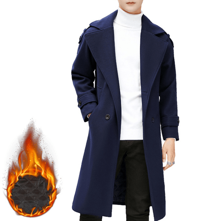 Mens Slim Mid Long Double Breasted Thick Warm Stylish Trench Coat Woolen Overcoat - MRSLM