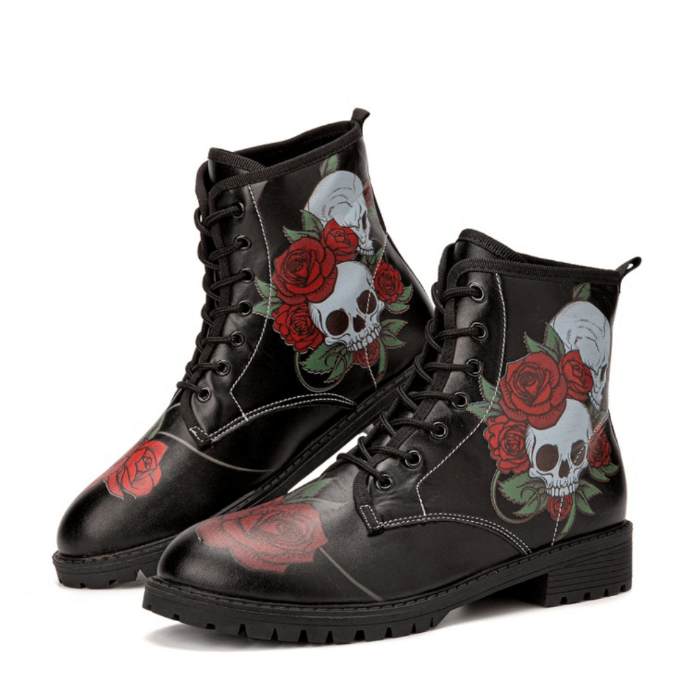 Men Leather Halloween Retro Floral Soft Sole Lace up Skull Printing Comfy Casual Boots - MRSLM