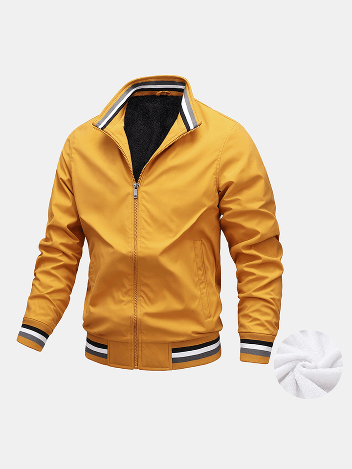 Mens Simple Solid Color Warm Plush Lined Jacket with Pocket - MRSLM