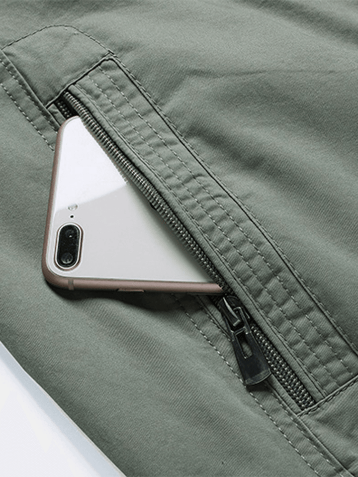 Mens Cotton Stand Collar Multi Pocket Zipper Long Sleeve Simple Jacket - MRSLM