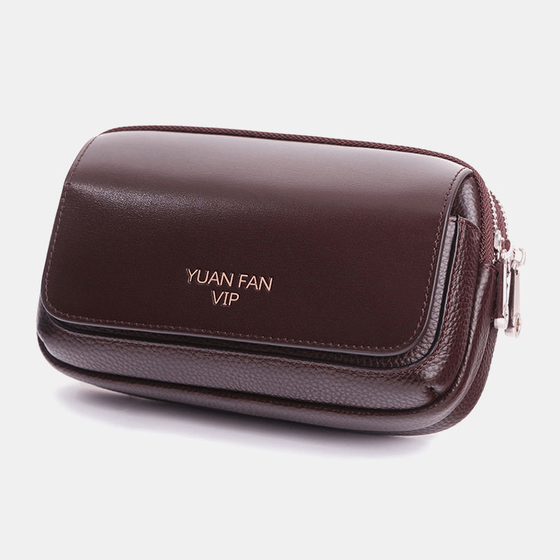 Men Genuine Leather Double Layer Large Capacity Waist Bag Retro Mini 6.5 Inch Phone Bag Belt Bag - MRSLM