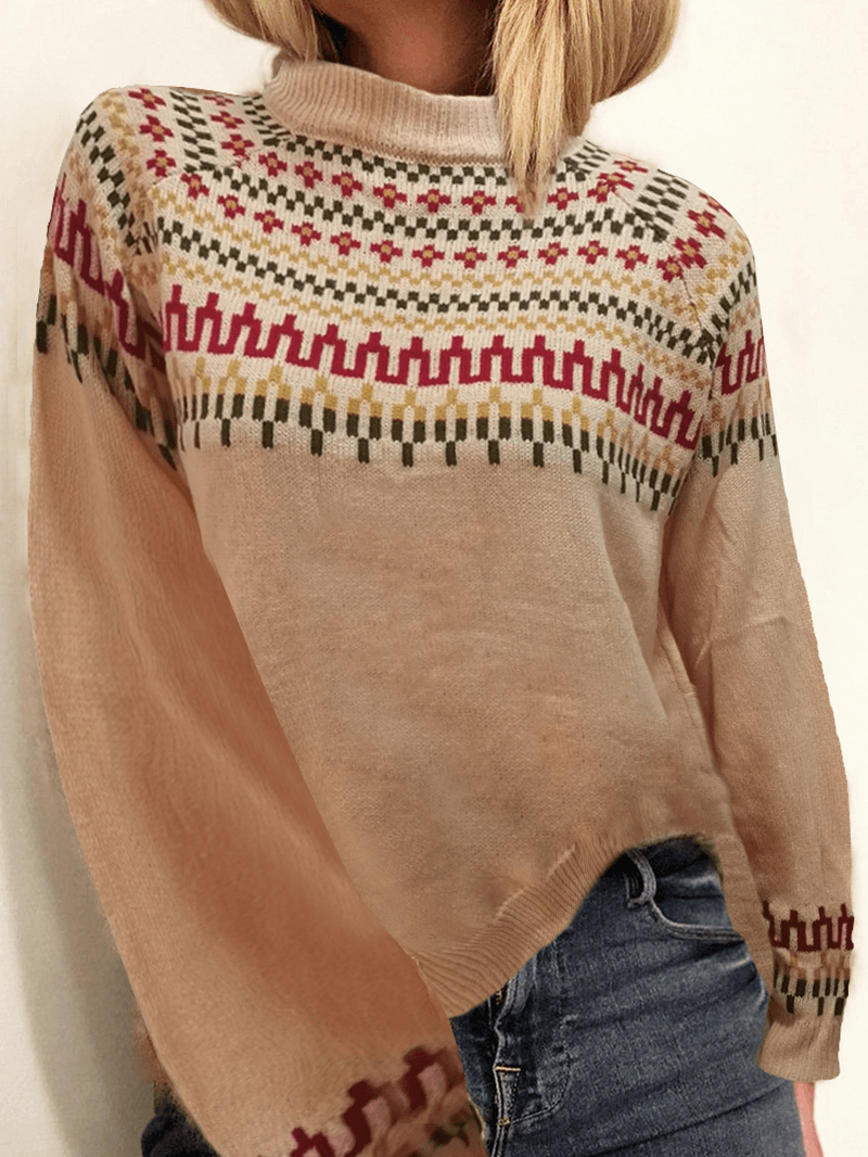 Women Vintage Jacquard Printed Half Collar Casual Pullover Knitted Sweater - MRSLM