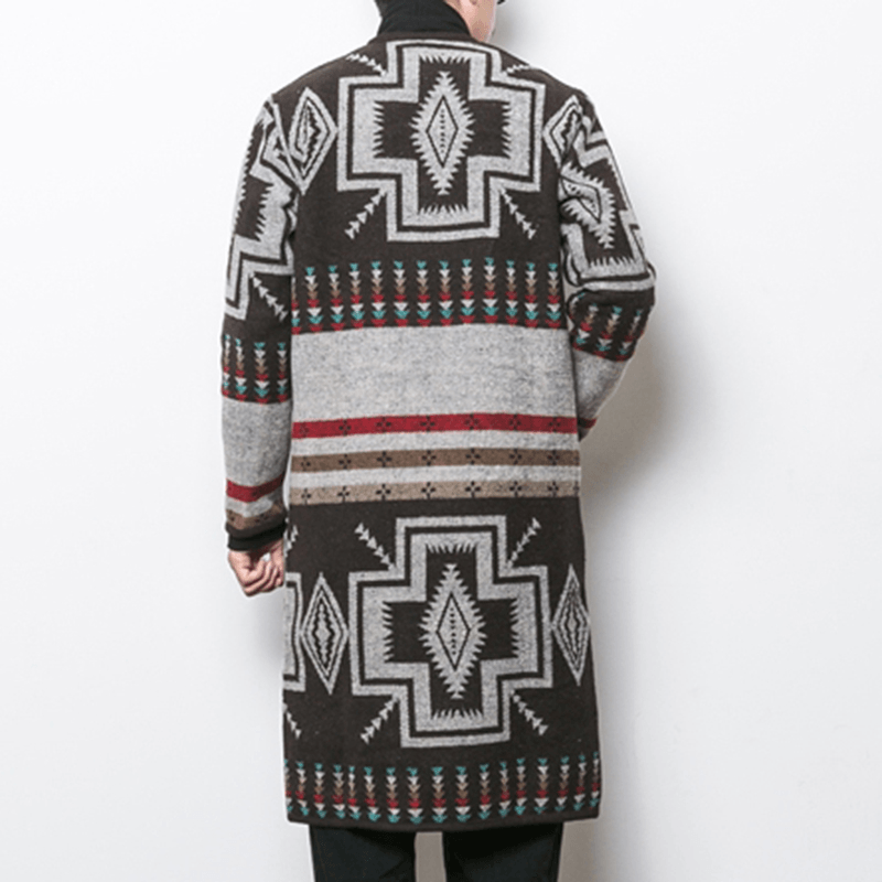 Mens Mid Long Ethnic Printing Pattern Chic Cardigans Coats - MRSLM