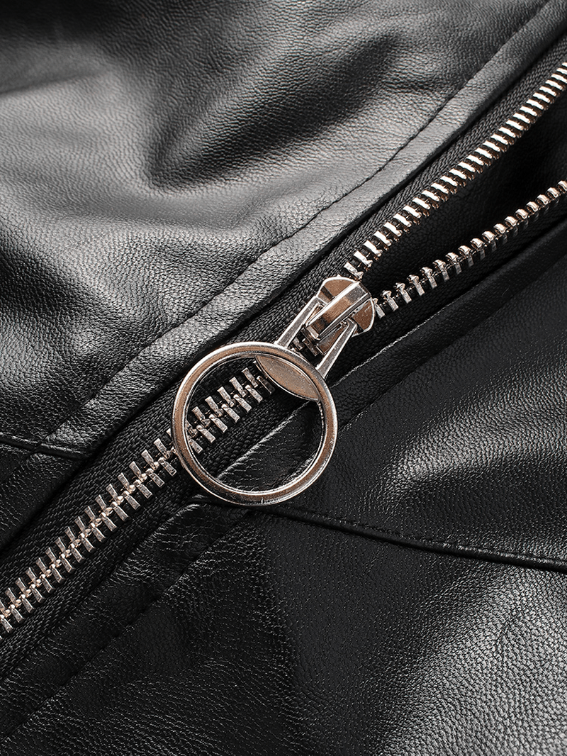 Mens PU Leather Asymmetric Zipper Drawstring Hem Hooded Biker Jacket - MRSLM