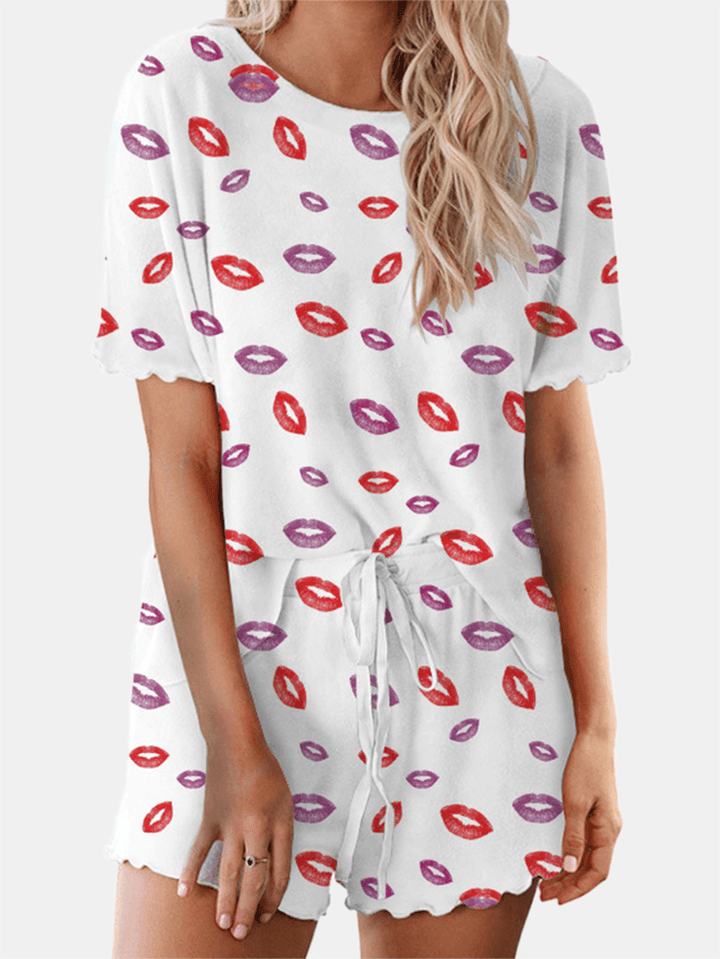 Women Kiss Print round Neck Drawstring Short Sleeve Softies Pajama Set - MRSLM
