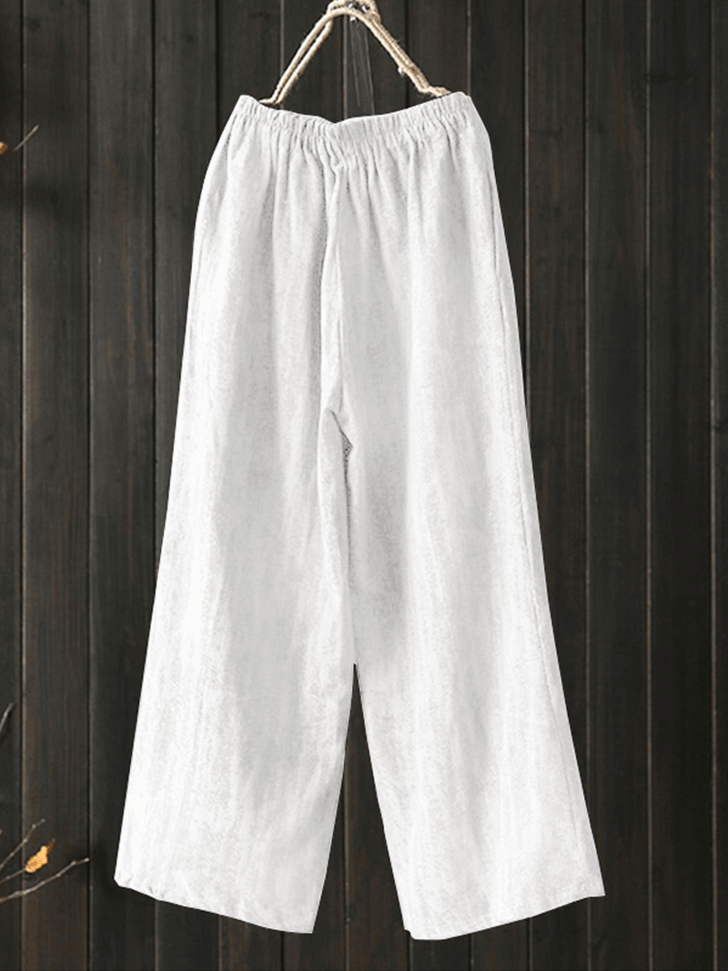 Women High Elastic Waist Loose Cotton Wide Leg Pants with Pockets - MRSLM