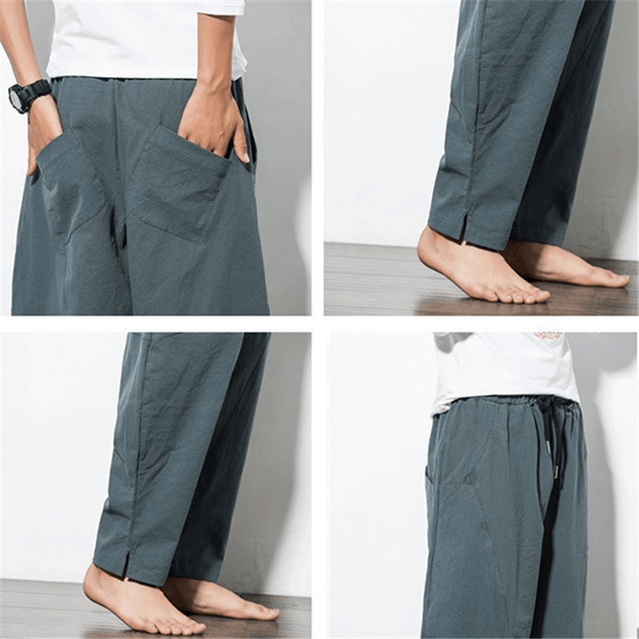 Men'S Loose Wide Leg Pants Solid Color Casual Baggy Breathable Cotton Harem Pants - MRSLM