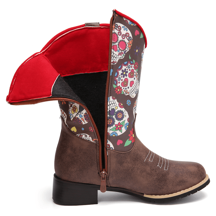Women Retro Flower Printing Pointed Toe Zipper Mid-Calf Cowboy Boots - MRSLM