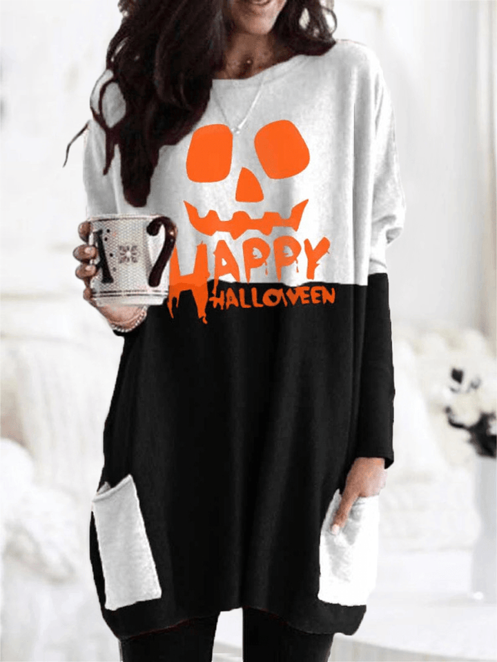 Women Halloween Patchwork Letter Printed Casual Mid-Length Sweatshirts with Pockets - MRSLM