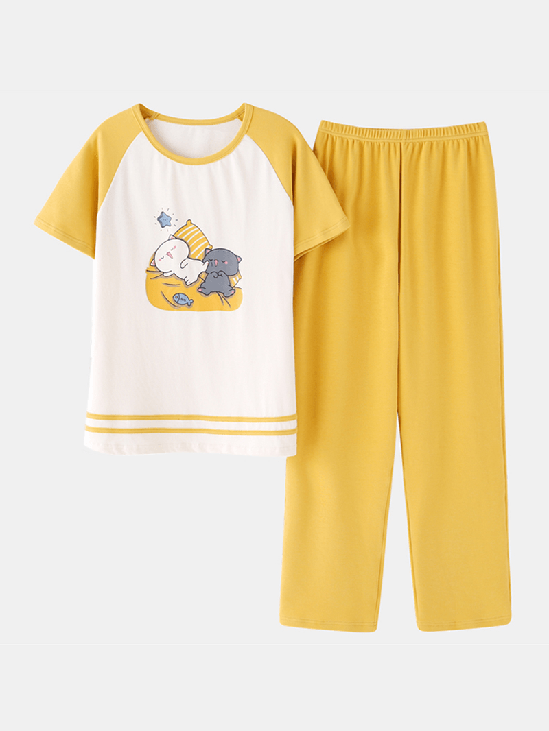 Cute Animal Print Elastic Waist Pants Short Sleeve Loose Pajamas Sets - MRSLM