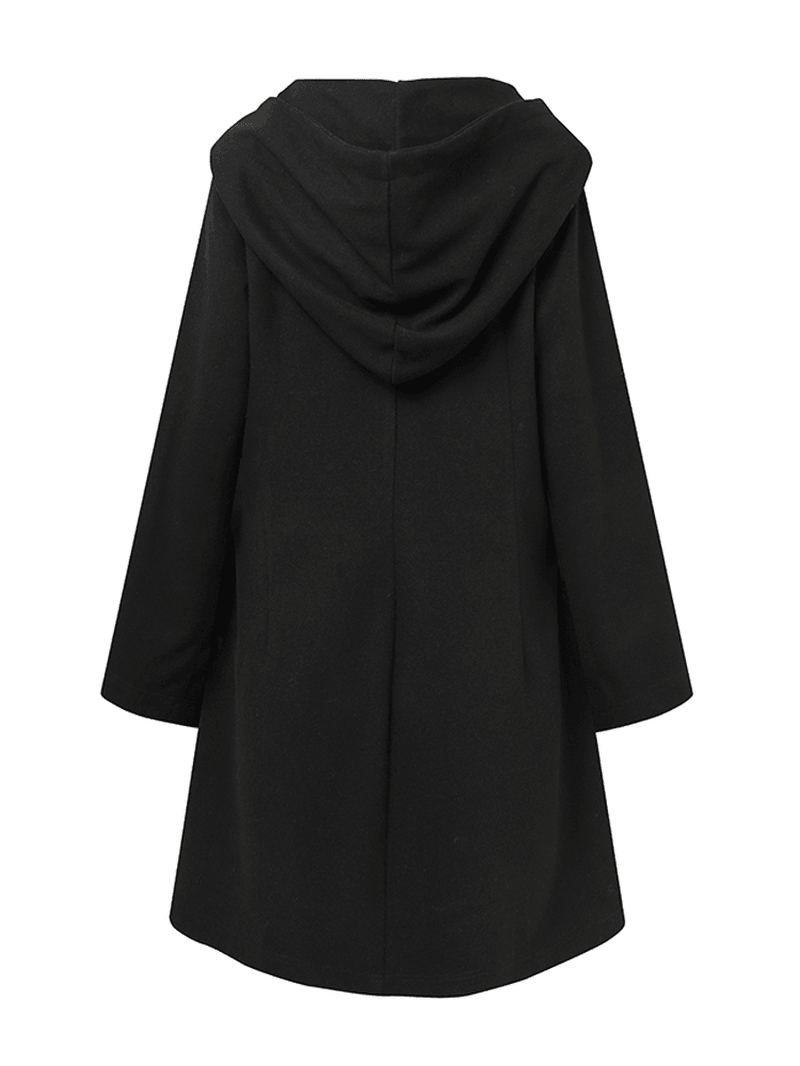 Women Hooded Single-Breasted Pocket Mid-Length Solid Color Warm Coat - MRSLM