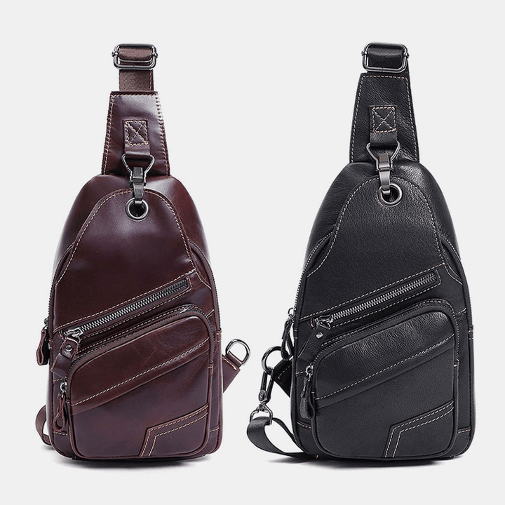 Men Genuine Leather Large Capacity Outdoor Casual Chest Bag Convertible Shoulder Strap Multi-Pocket Shoulder Bag Crossbody Bag - MRSLM