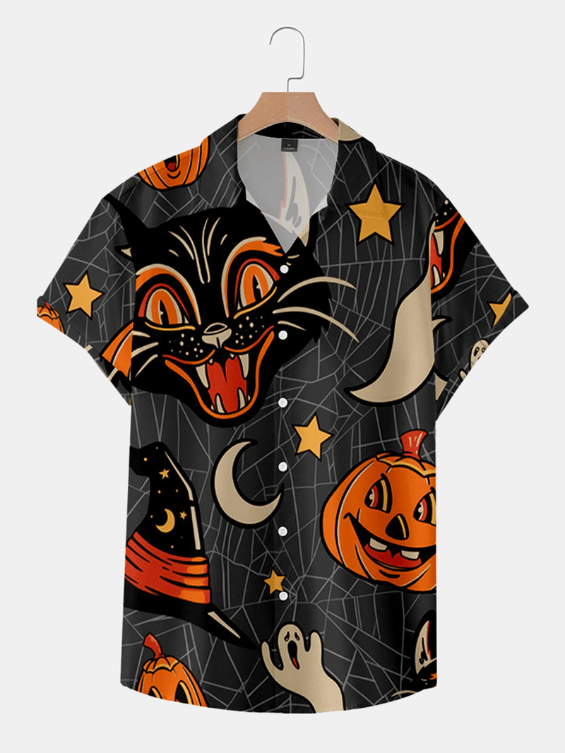 Mens Halloween Pumpkin Full Printed Cat Short Sleeve Casual Shirt - MRSLM