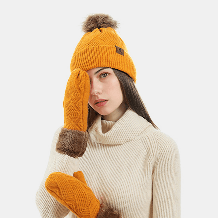 Women 2PCS Wool plus Thicken Warm Winter Outdoor Knitted Gloves Knitted Hat with Fluff Ball - MRSLM