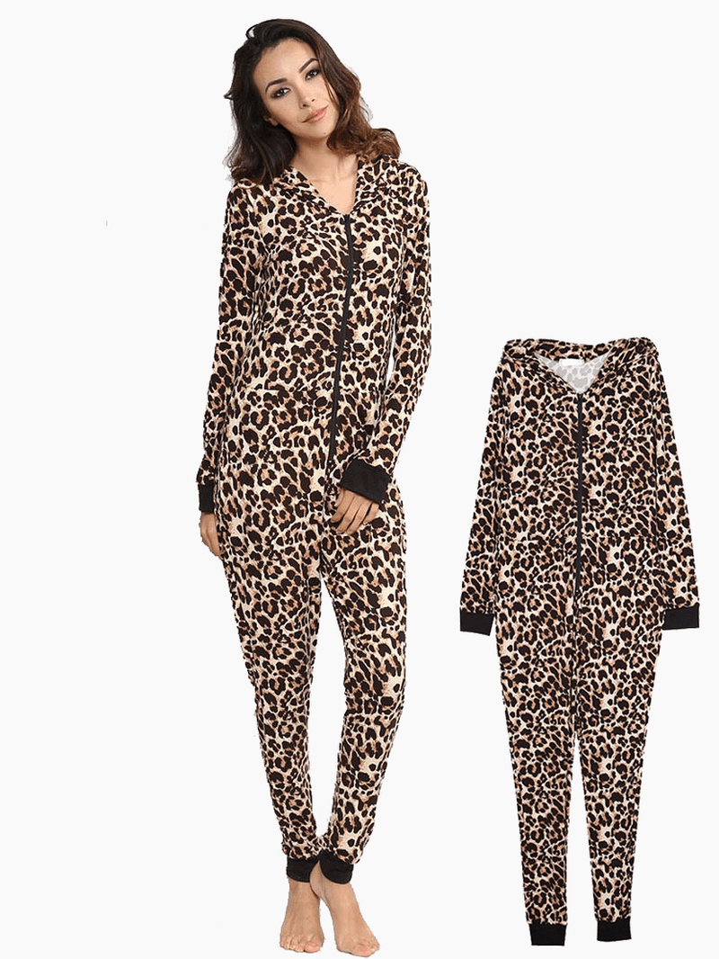 Leopard Hooded Jumpsuits Front Zipper Pajama Set - MRSLM