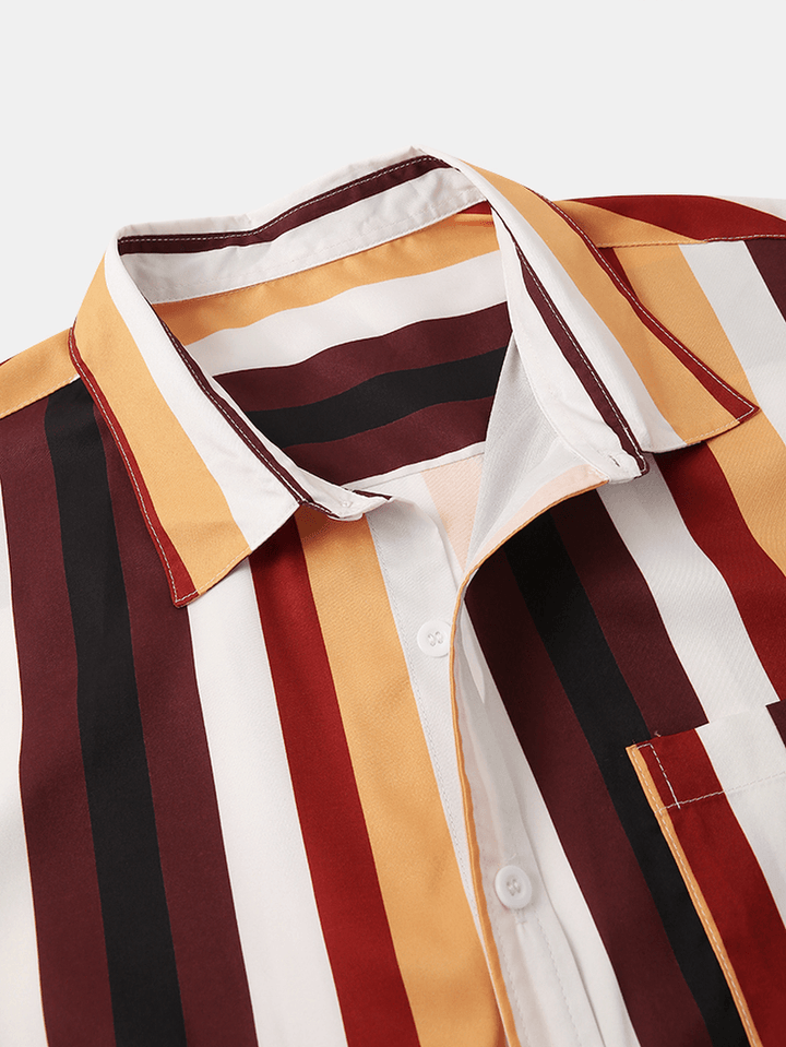 Mens Colorful Striped Turn down Collar Short Sleeve Shirts - MRSLM