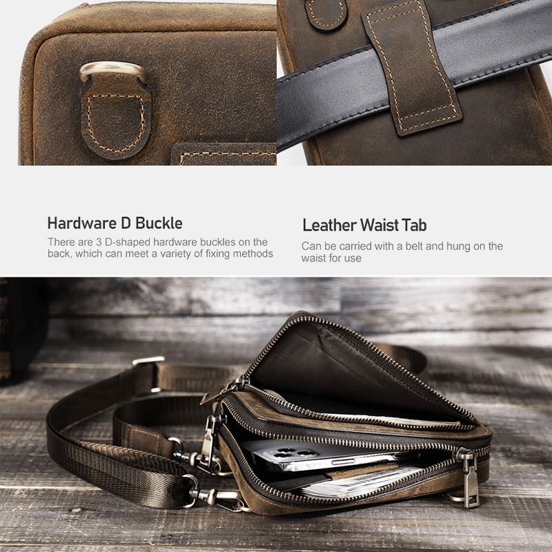 Men Vintage Genuine Leather Zip Side Convertible Straps Crossbody Bag Large Capacity Belt Bag Waist Bag - MRSLM