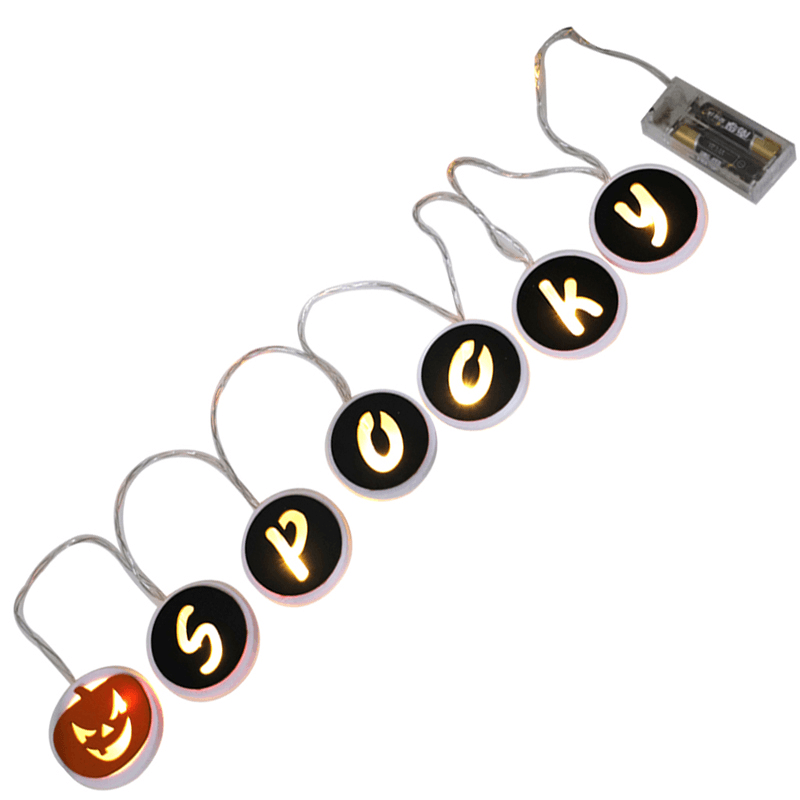 Wooden SPOOKY Alphabet Evil Pumpkin Pattern LED Light String Halloween Pendant Crafts for Home Party Decoration - MRSLM